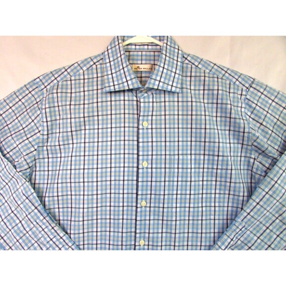 Peter Millar Men's Button Down Long Sleeve Blue Plaid Cotton Large Dress Shirt - Picture 2 of 14